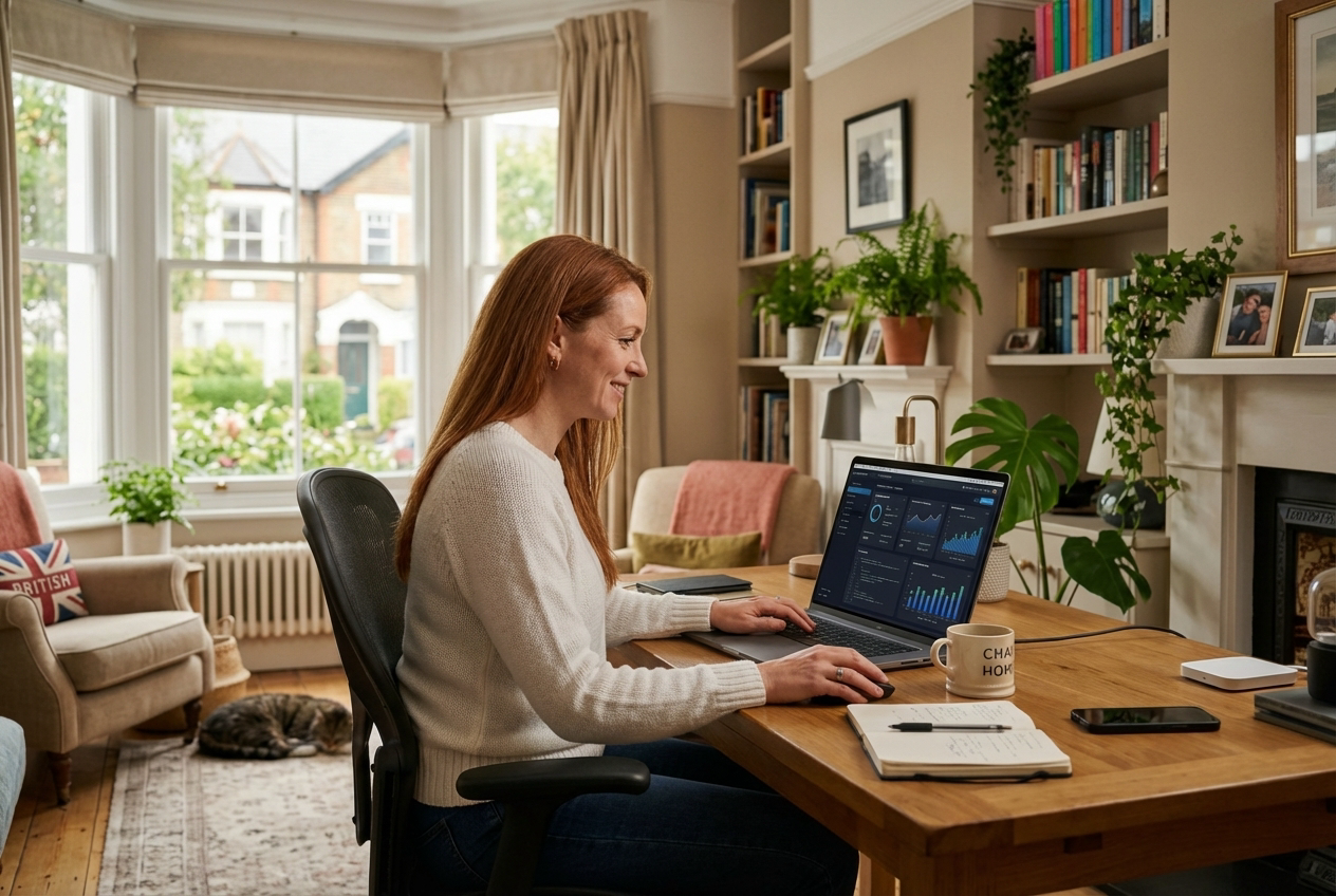 Person working with AI tools at home in the UK