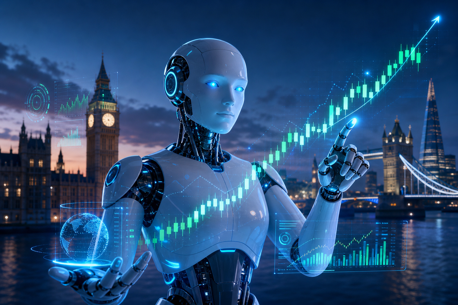 AI trading platform analysing market data on a holographic dashboard